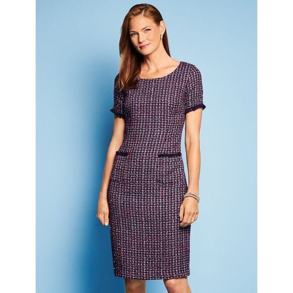Talbots Women's Tweed Fringe Shift Knee Length Dress, Size 16P Multi Color Navy - Picture 1 of 11